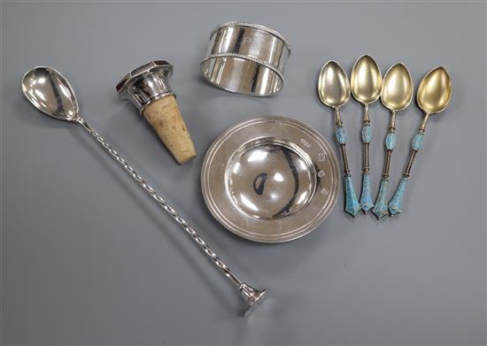 Four Norwegian white metal and enamel coffee spoons, silver napkin ring, small silver armada dish, Asprey decanter stopper etc.